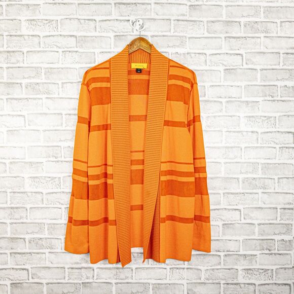 ST. JOHN Open Front Cardigan Sweater Orange Stripe Wool Blend Medium - Picture 2 of 11